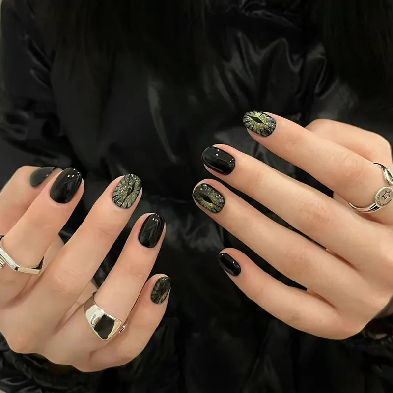 Nailhour 24Pcs Black Starry Sky Cat's Eye Devil Eye Oval Press On Nails