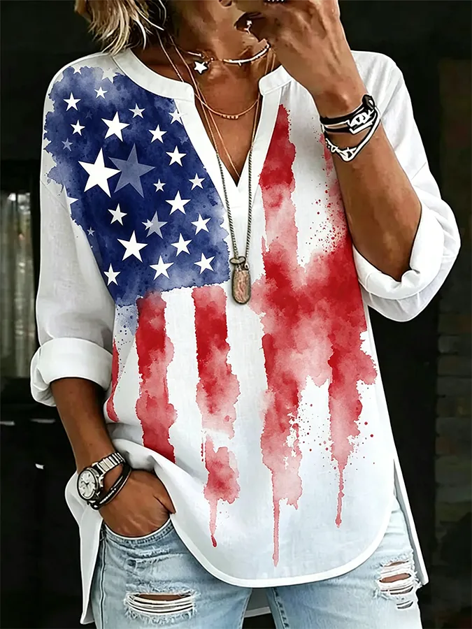Ladies' Casual America 250Th Anniversary Founding Celebration Watercolor Print V-Neck Long Sleeved T-Shirt