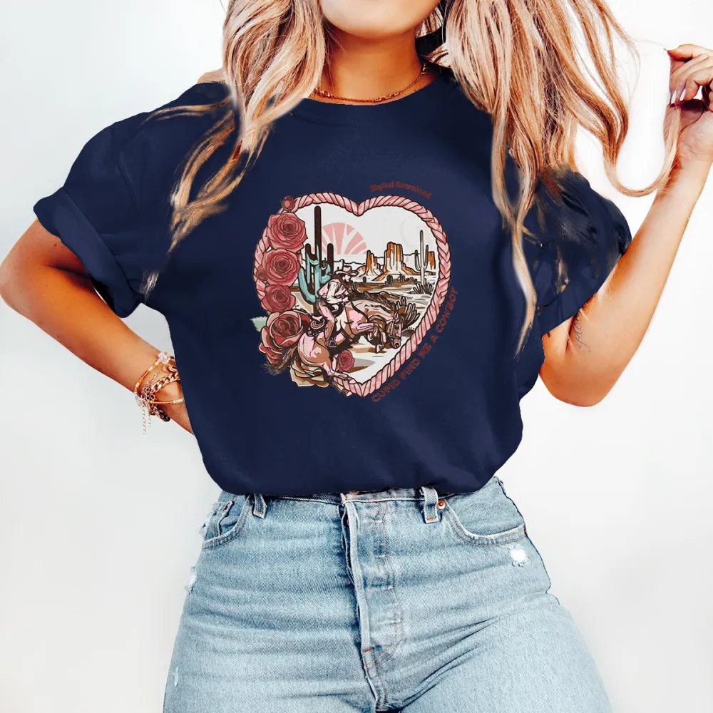 A Cowboy On A Horse With Roses And Cactus In The Heart-Shaped Outline, With A Desert And Sunrise Scene In The Background, Western Cowboy Style, Casual T-Shirt