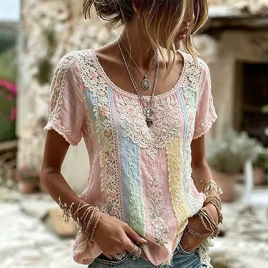 Women's Handmade Floral Embroidery And Lace Art Patchwork Comfortable Cotton Linen Round Neck Short Sleeve Top