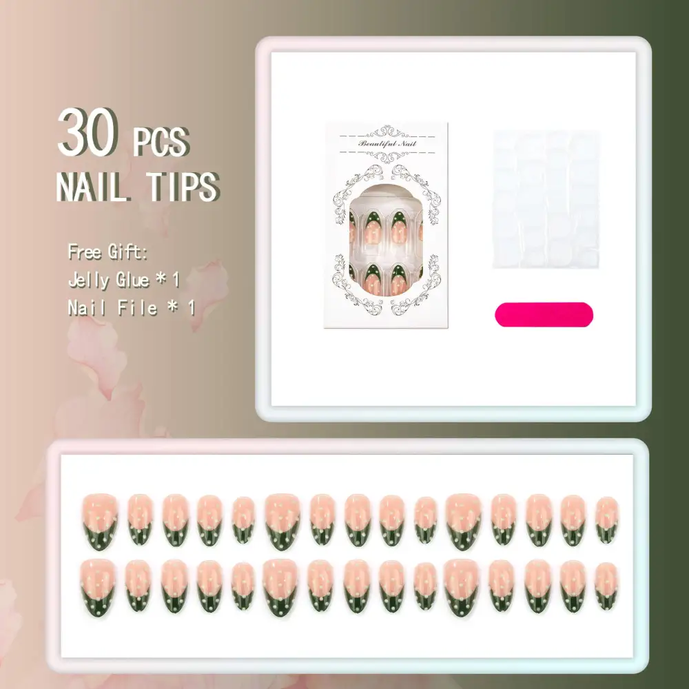 Nailhour 30Pcs Green French Medium Almond Press On Nails
