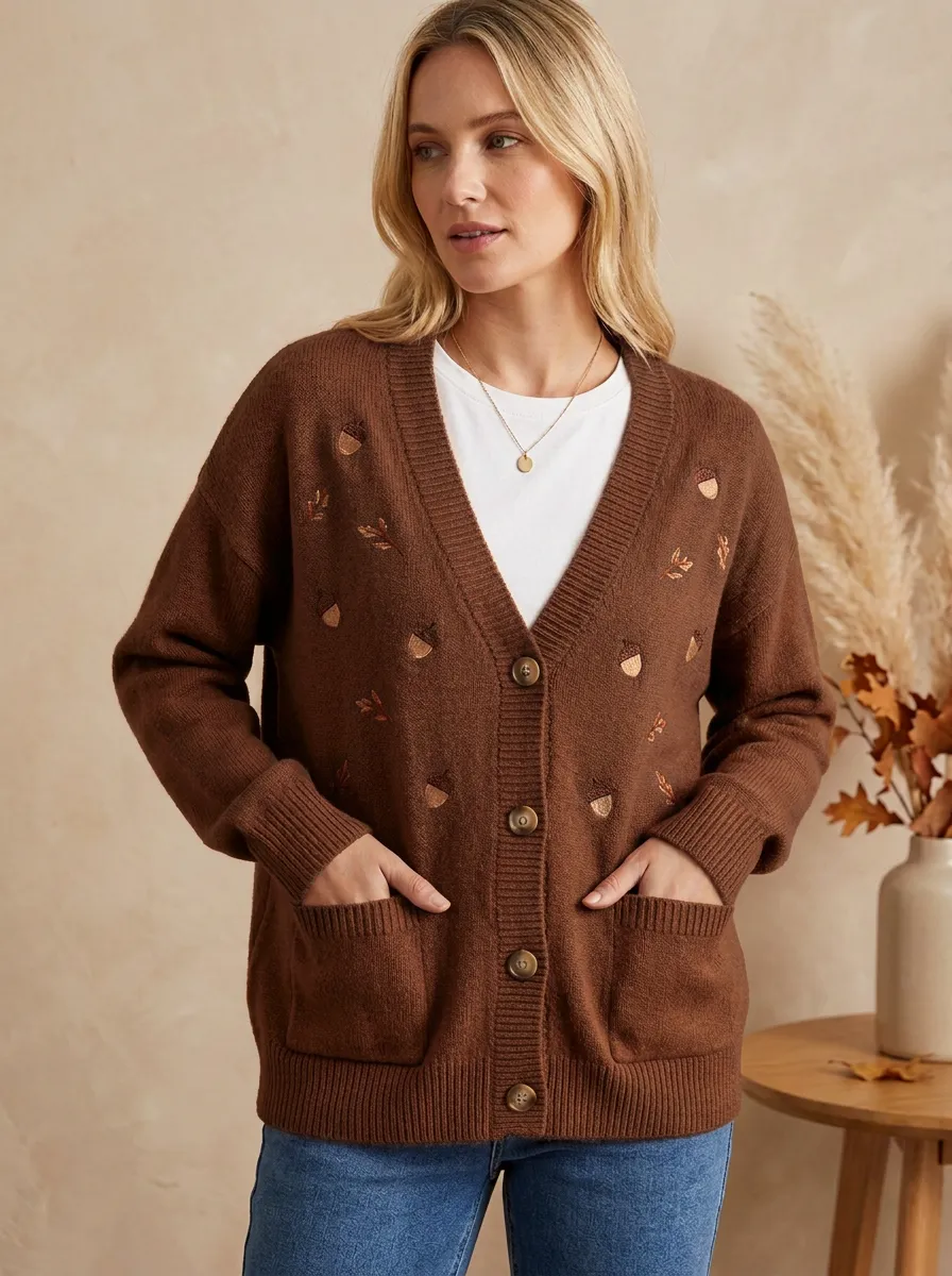 Botanical Acorn Pattern Embroidered Women's Knit Cardigan