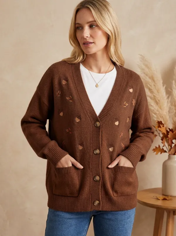 Botanical Acorn Pattern Embroidered Women's Knit Cardigan