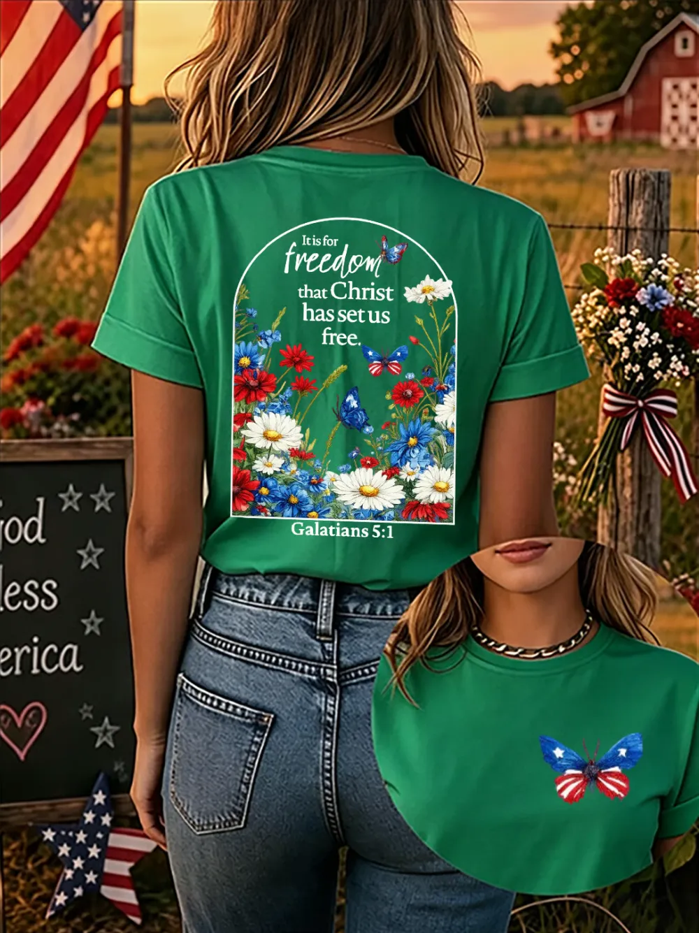 Christ'S Gift Of Freedom: Women'S American 250th Anniversary Faith Print Short-Sleeve T-Shirt