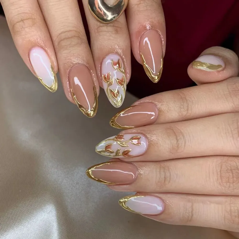 Nailhour 24Pcs Tulip Floral Gilded Medium Almond French Press On Nails