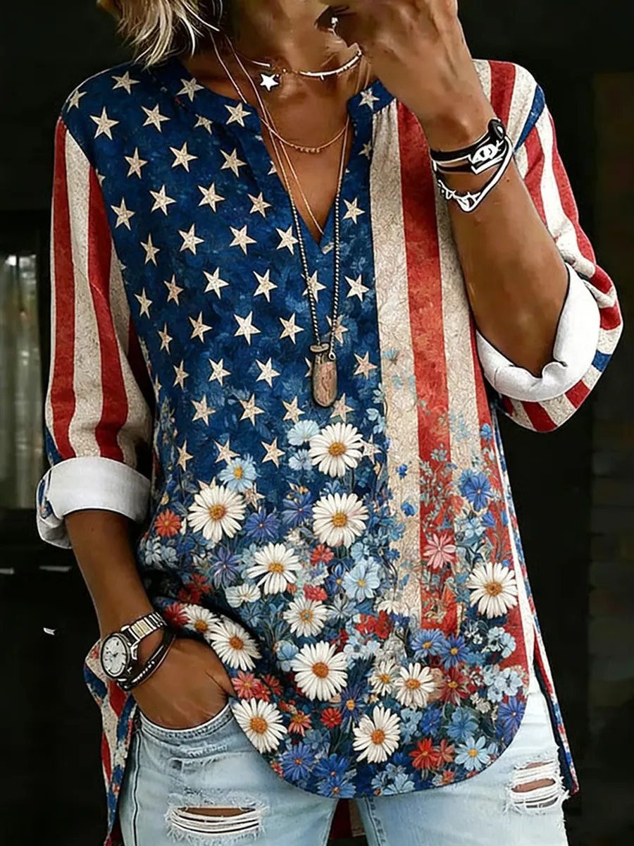 Women's Retro-Art American Flag Crewneck Top with V-Notch