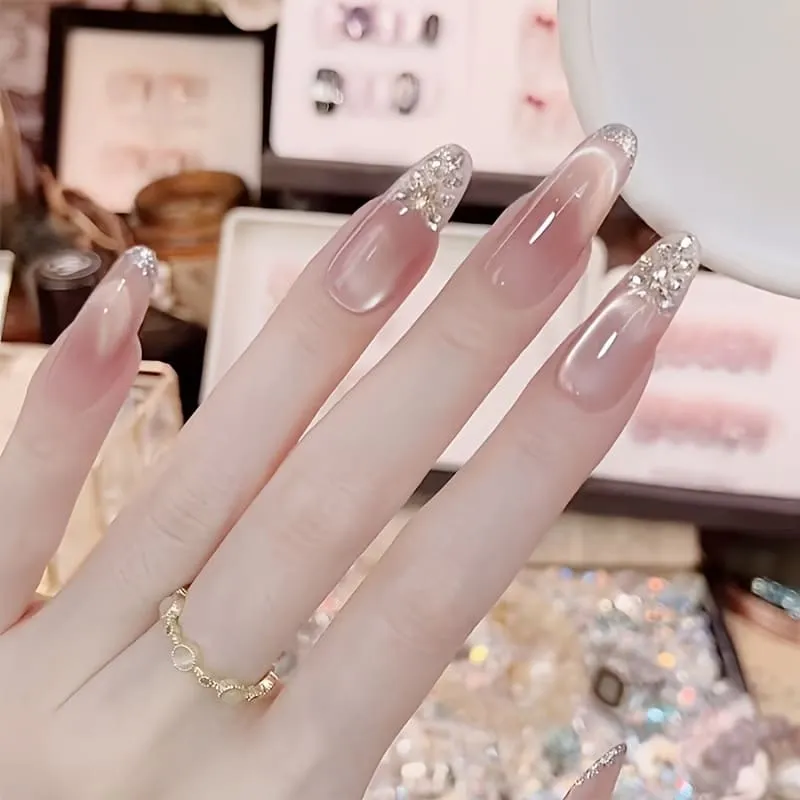 Nailhour 10Pcs Cat Eye Nude Rhinestone Glitter Medium Almond Press On Nails