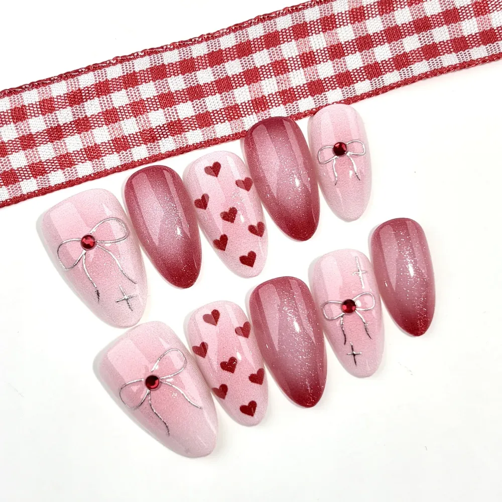 Nailhour 30Pcs Red Heart 3D Medium Almond French Press On Nails