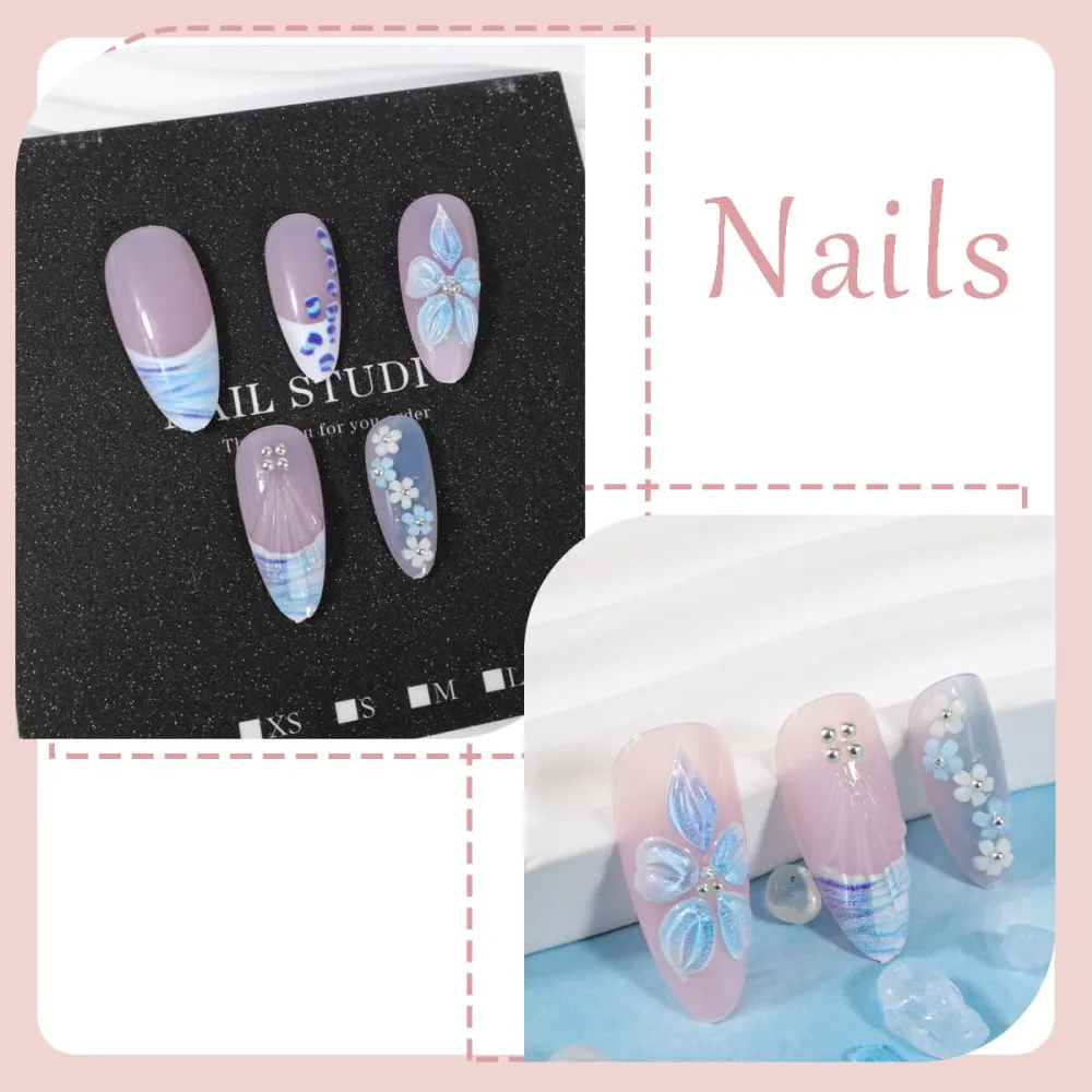 Nailhour 24Pcs Floral 3D Medium Blue Almond French Press On Nails