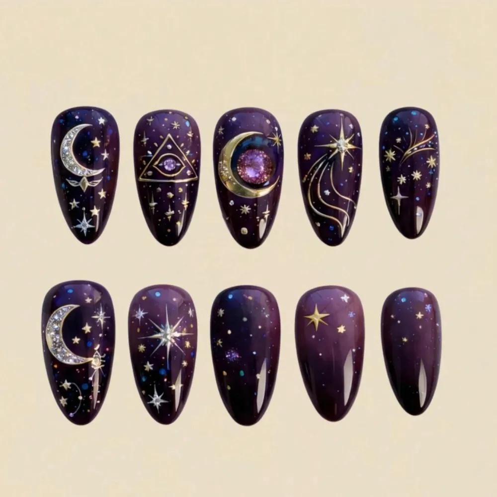 Nailhour 30Pcs Medium Almond 3D Purple Starry Sky Press On Nails