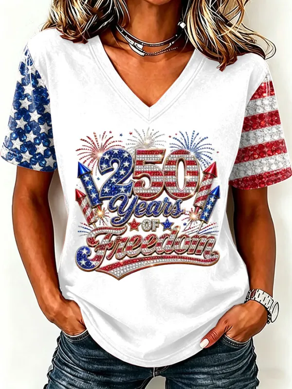 Women'S America Flag Print Casual V-Neck T-Shirt