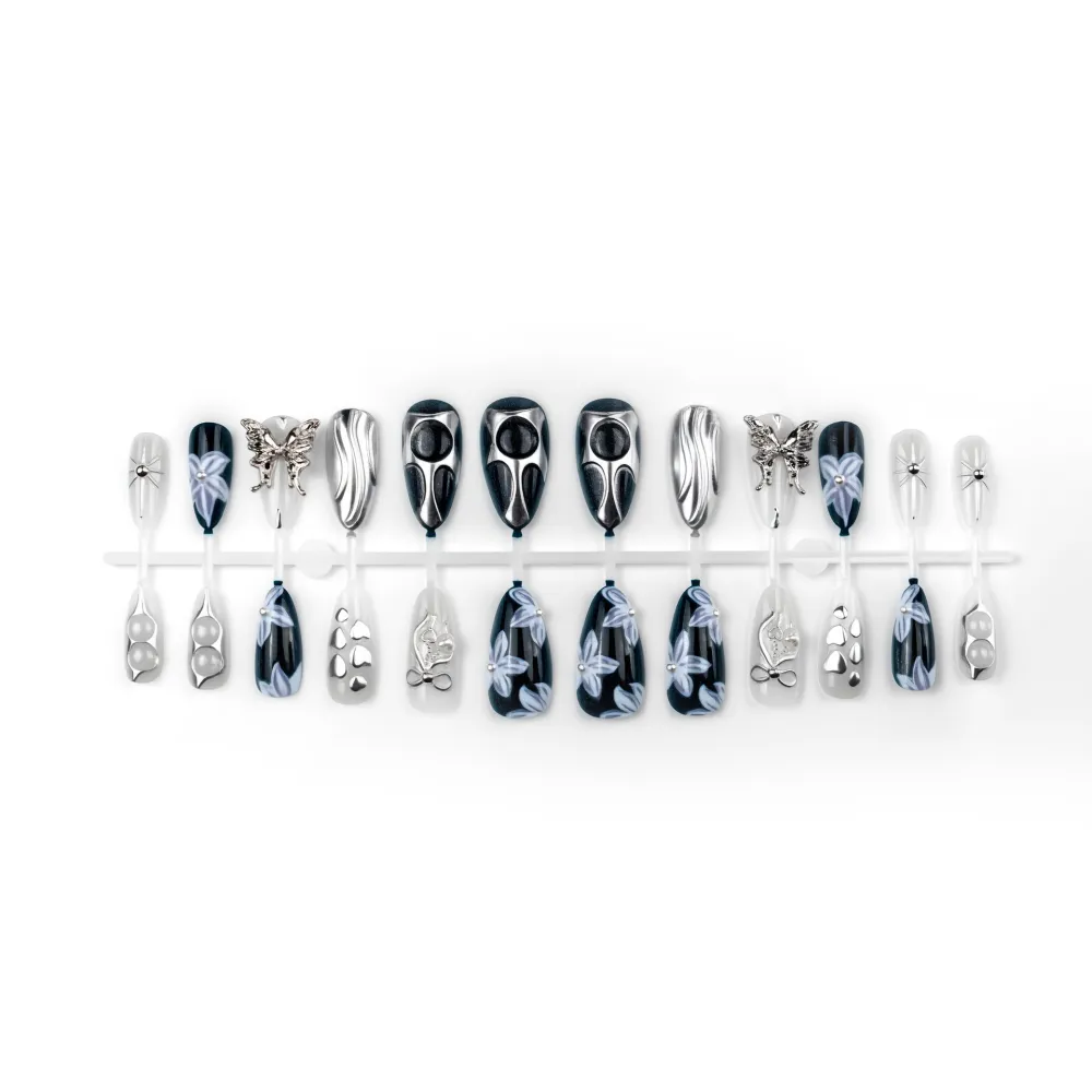 Nailhour 24Pcs Black 3D Gothic Chrome Medium Almond Press On Nails