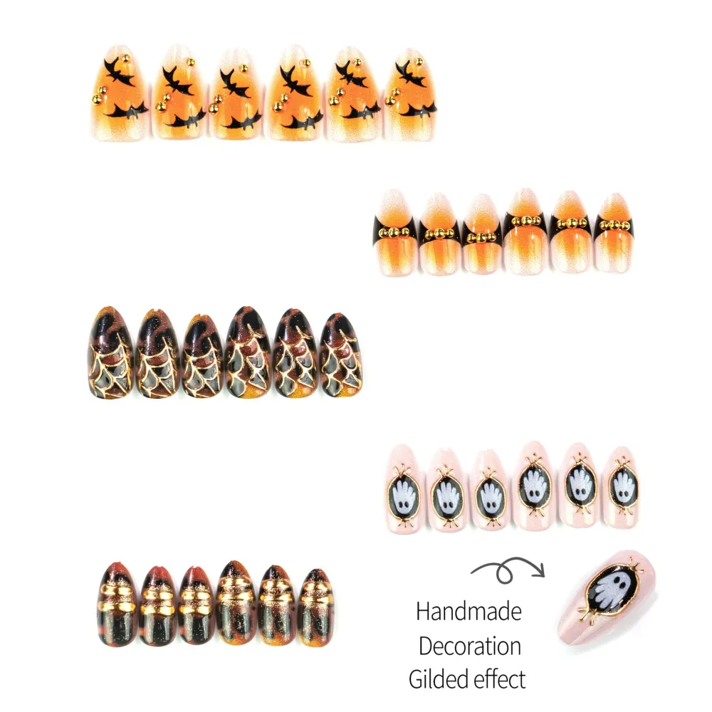 Nailhour 30Pcs Multicolor 3D Gilded Spider Halloween Short Almond Press On Nails
