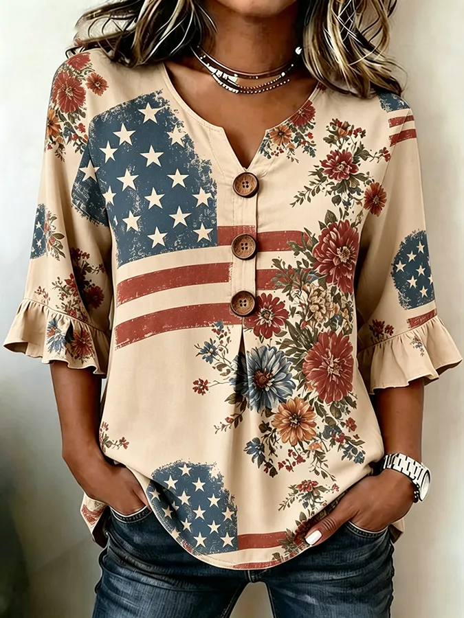 Women's Casual Patriotic 250th Anniversary Cotton Linen Shirt
