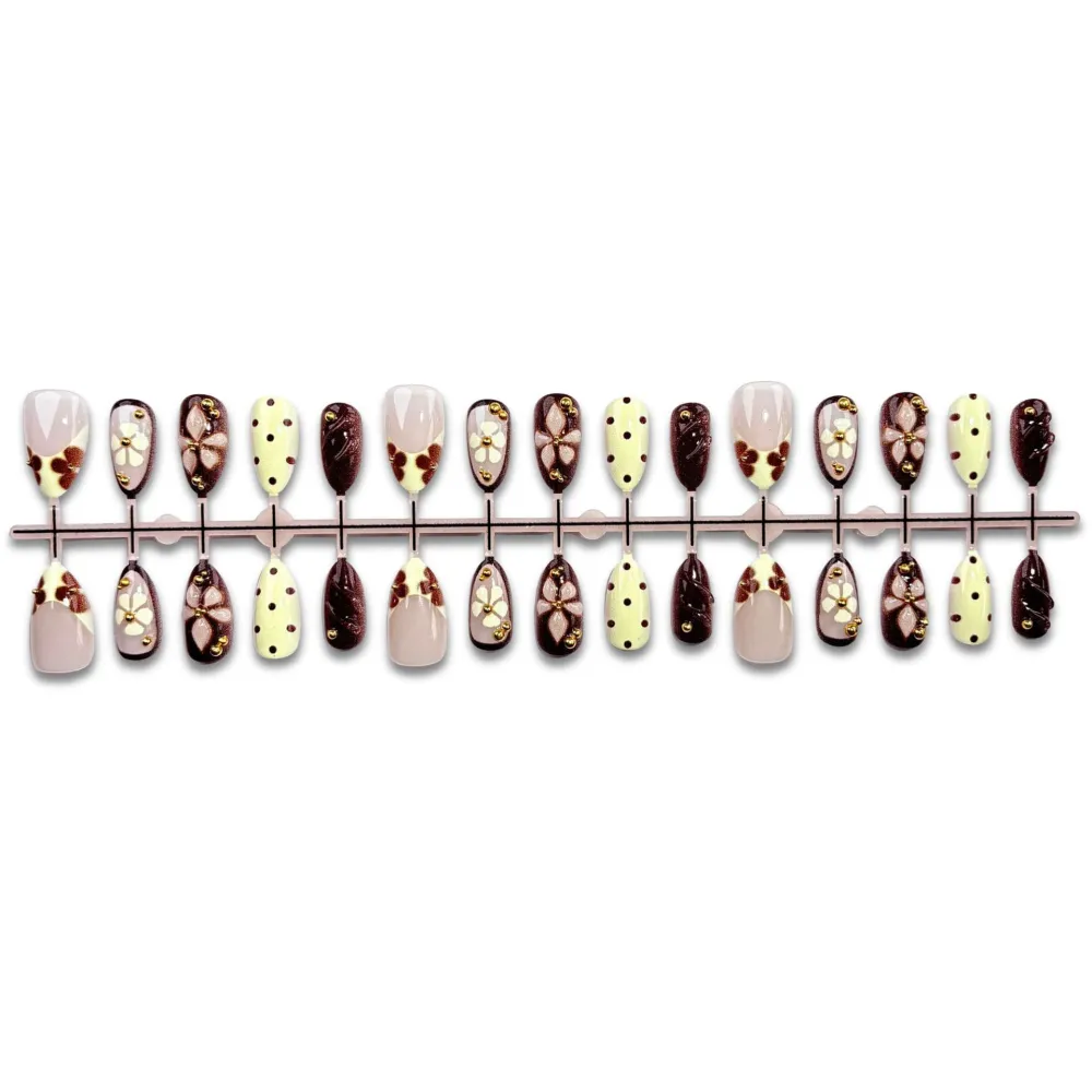 Nailhour 30Pcs Autumn 3D Gilded Floral Medium Almond Press On Nails