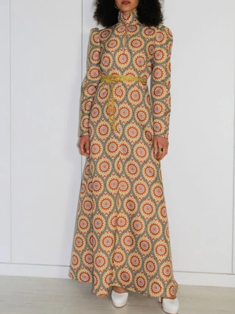 Geometric Print Turtleneck Maxi Dress