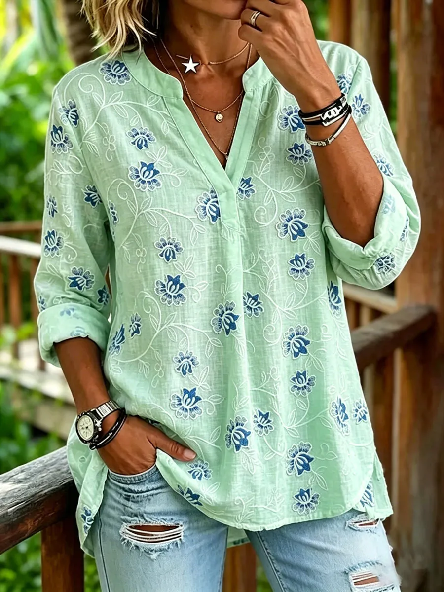 Women'S Cotton And Linen Printed Top