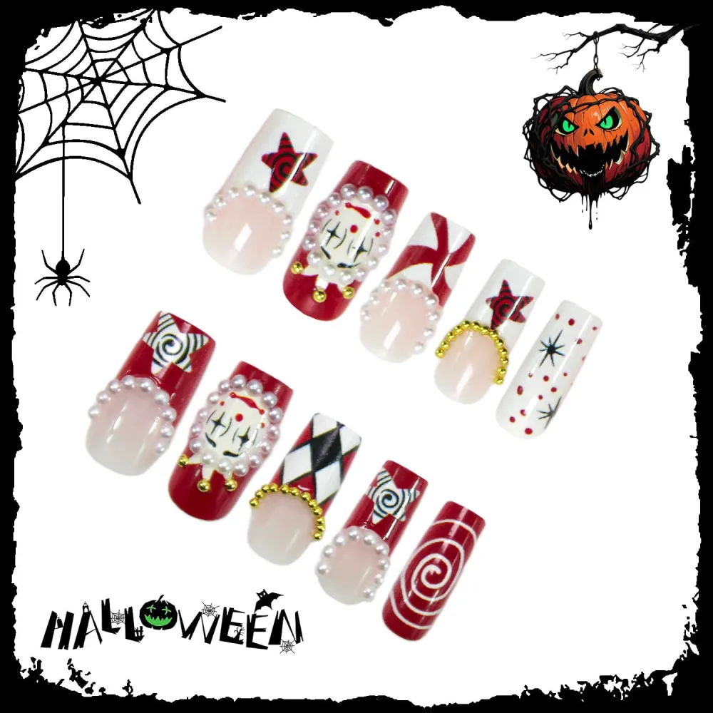 Nailhour 30Pcs Halloween 3D Long Coffin Circus Press On Nails