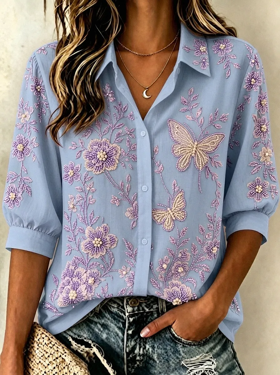 Women's Breast Cancer Awareness Butterfly Floral Beaded Printed Shirt