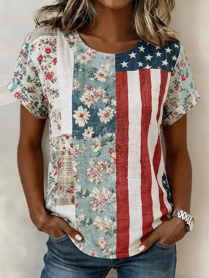 Women's Casual Short-Sleeve Positioning Print Cotton-Linen Top