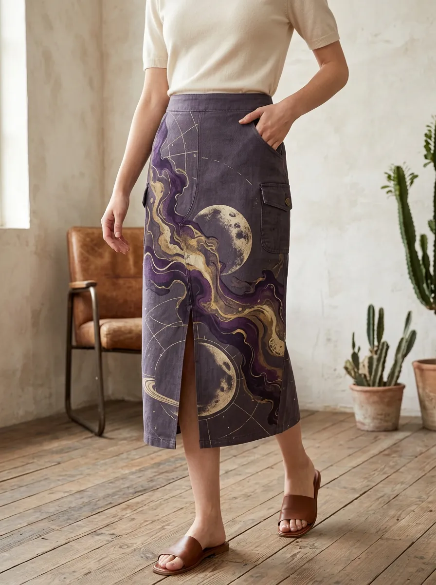 Women's Celestial Moon Galaxy Printed Midi Skirt