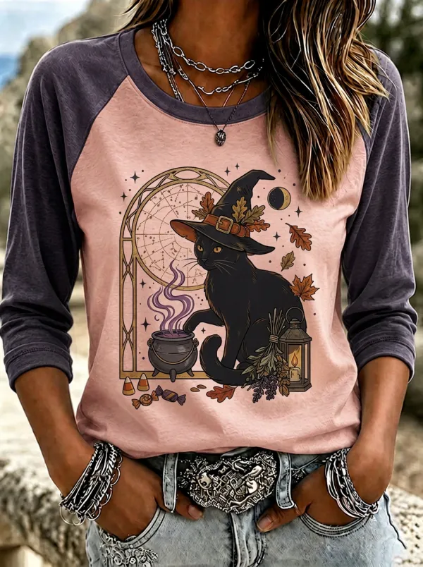 Women's Witchy Cat Halloween Autumn Printed T-shirt