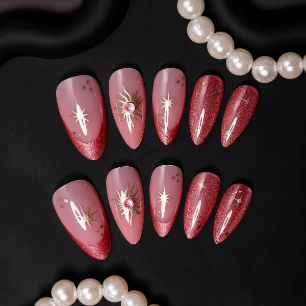 Nailhour 24Pcs Pink Gilded Y2K Medium Almond Press On Nails