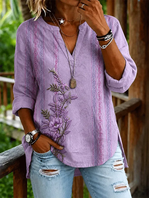 Women'S Lavender Floral Embroidery Roll Sleeve Tunic Top