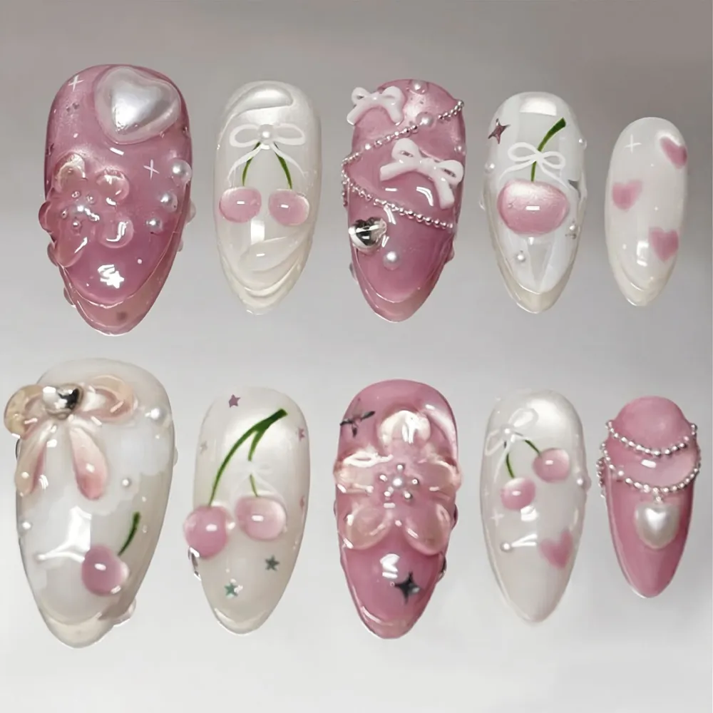 Nailhour 30Pcs Sweet Cherry Floral 3D Medium Almond French Press On Nails