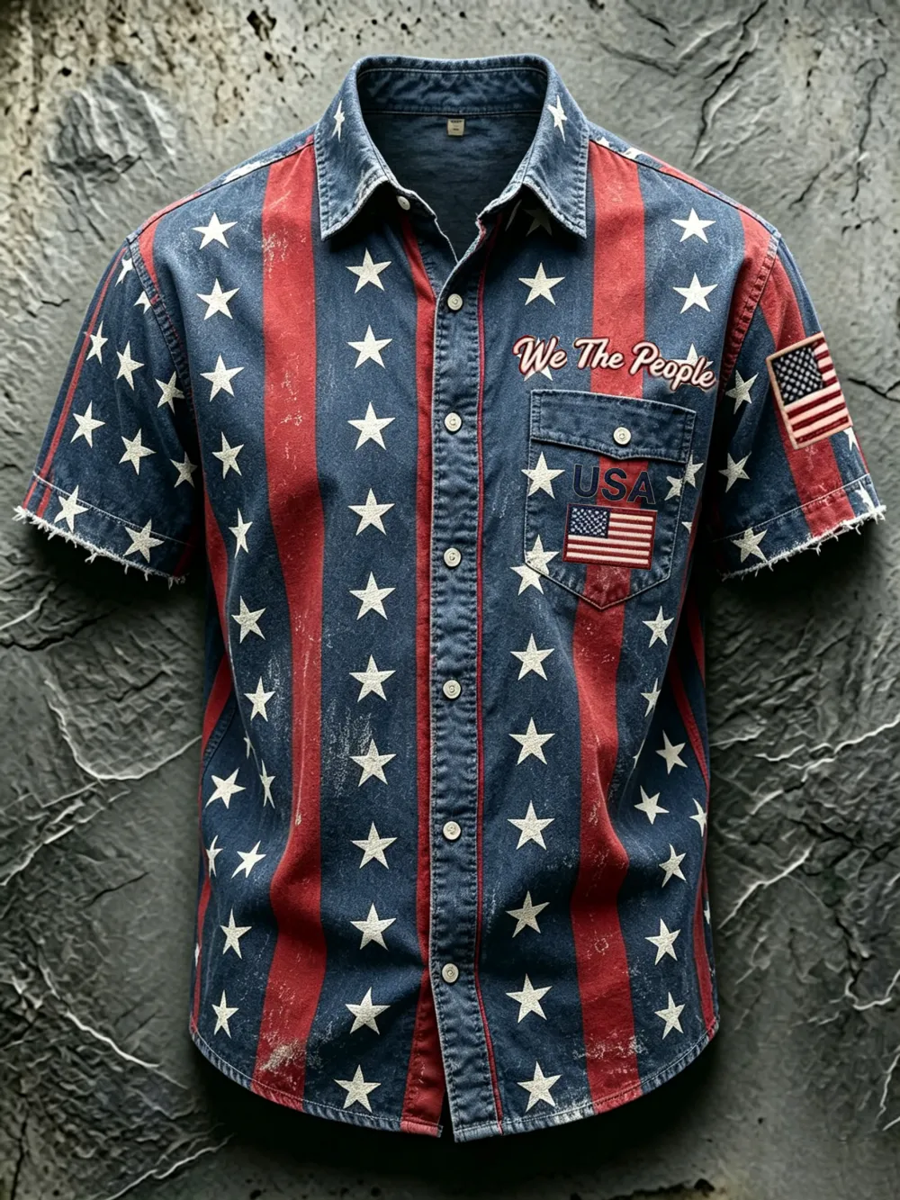 Men'S Casual American Flag Star Print Pocket Short Sleeved Shirt