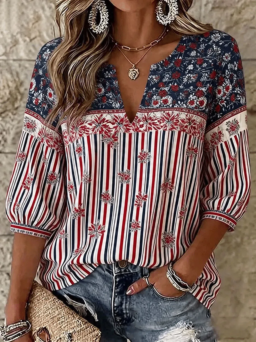 Women'S Vintage Flag-Print Cotton-Linen Top