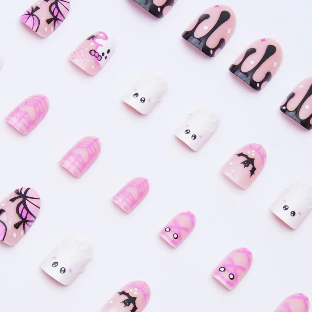 Nailhour 24Pcs Cute Spider Pumpkin Pink 3D Halloween Short Oval Press On Nails