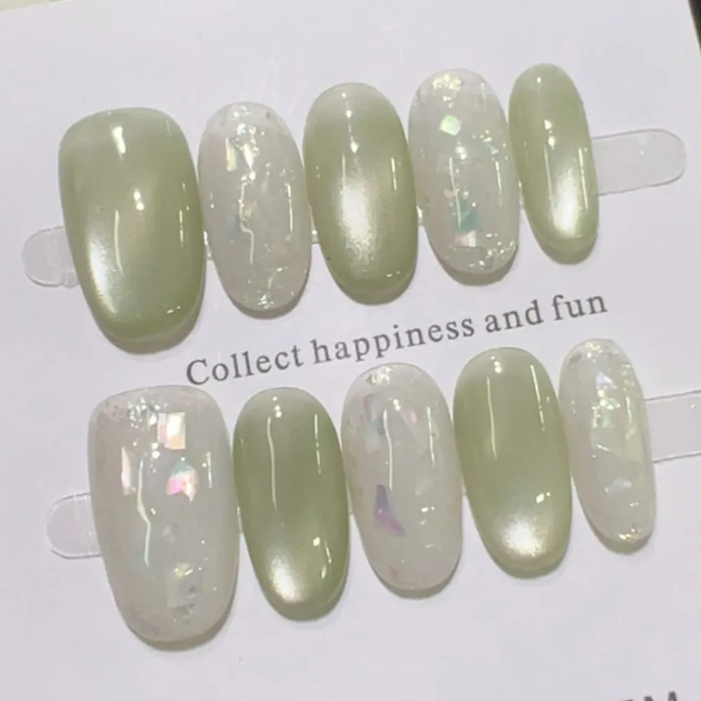Nailhour 10Pcs Date Minimalist French Glitter Green Short Almond Press On Nails