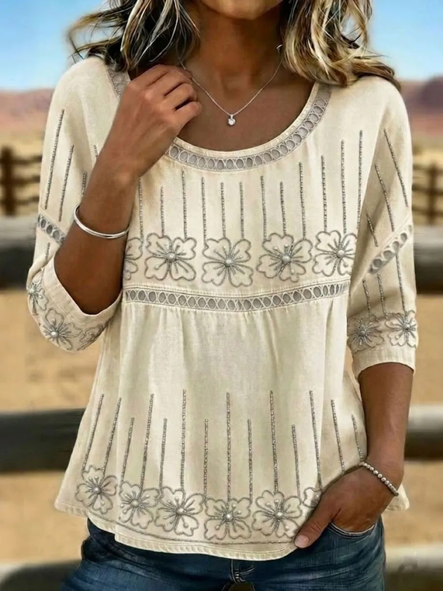 Vintage Floral Art Print Casual Sleeves Hollow Denim Shirt
