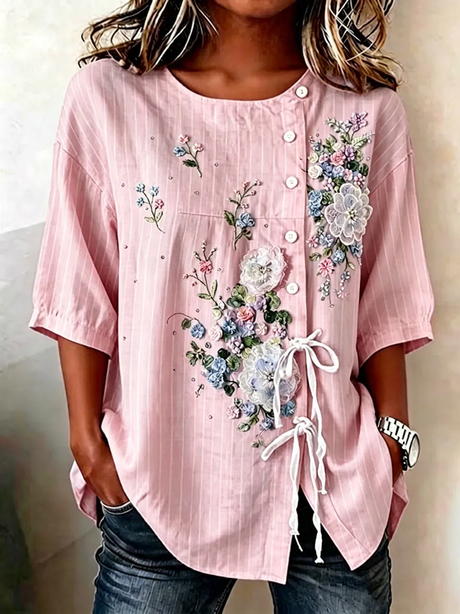 Women'S Casual Floral Print Cotton Linen Top
