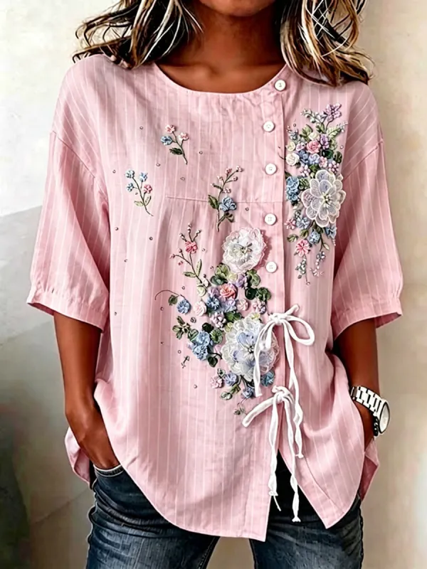 Women'S Casual Floral Print Cotton Linen Top