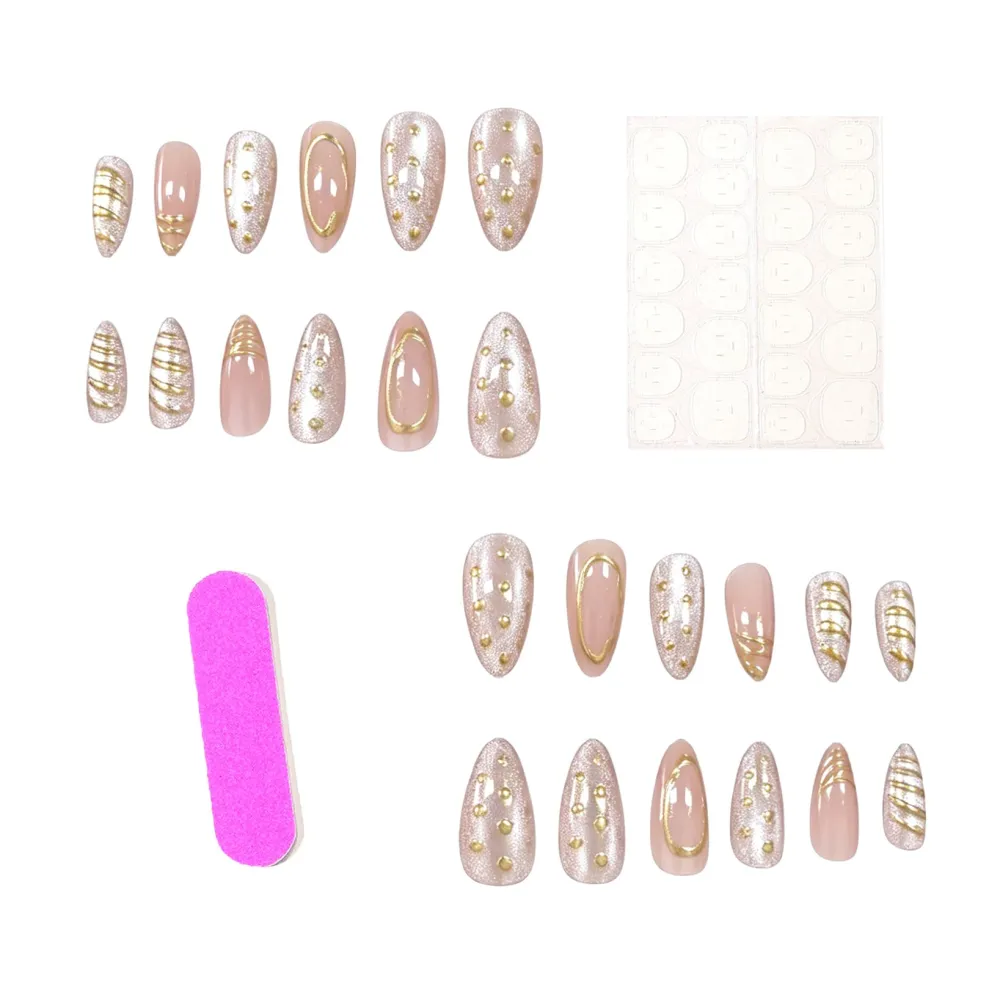 Nailhour 24Pcs Cat Eye Gilded French 3D Medium Almond Press On Nails