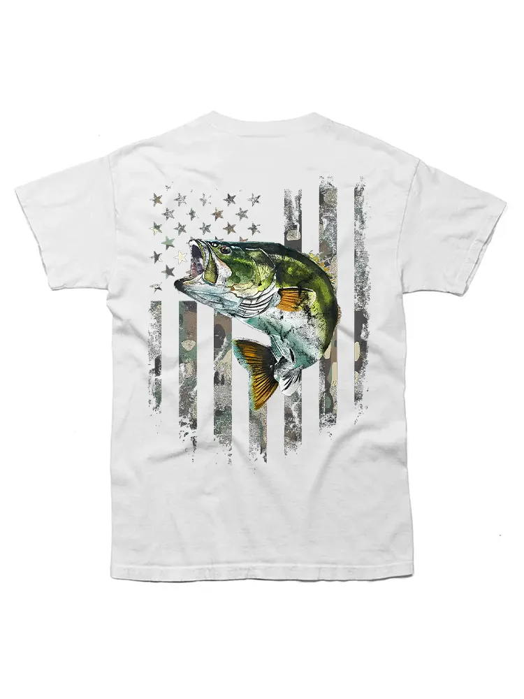 American Flag (Print On The Back) Camo Bass Fish Fishing T-Shirt