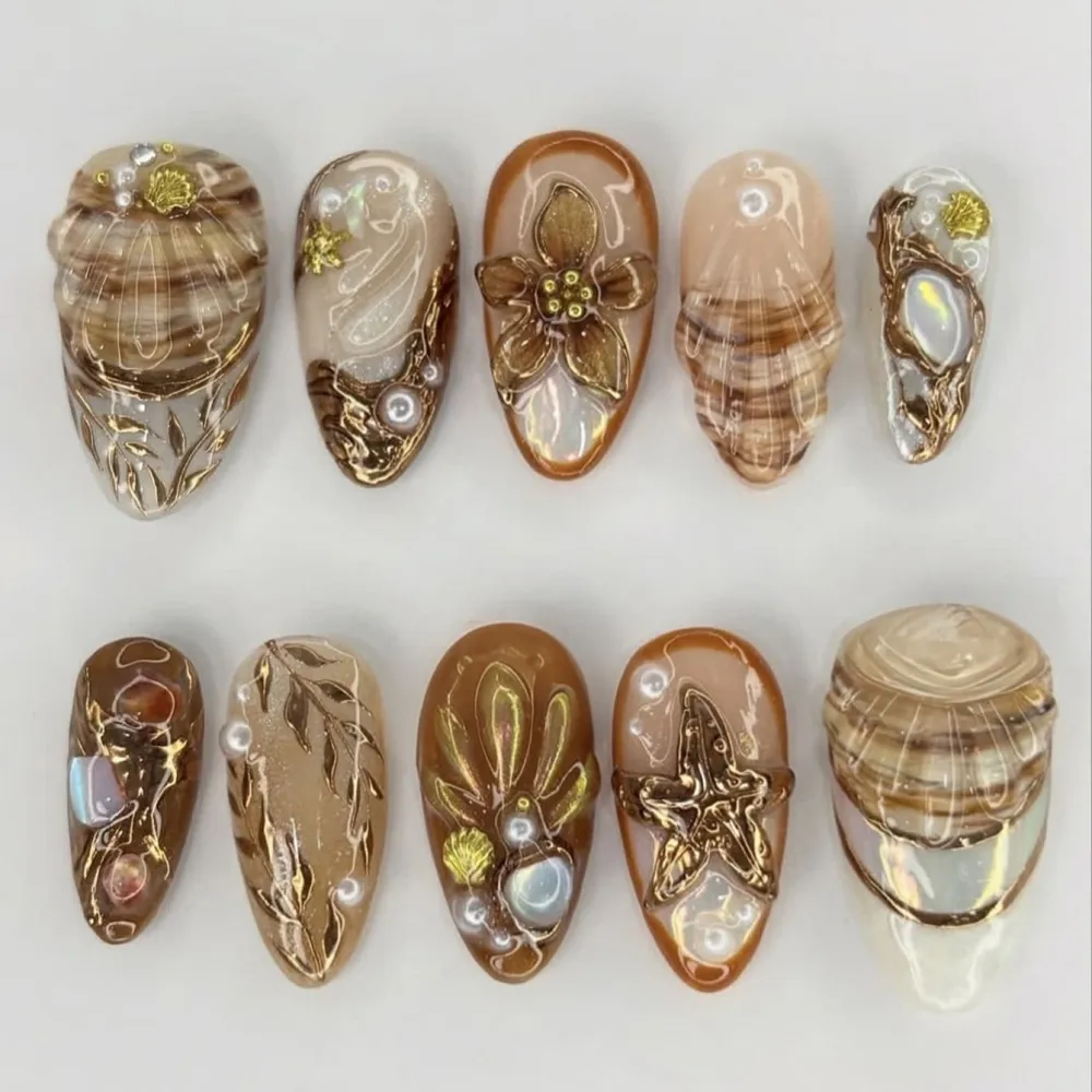 Nailhour 30Pcs Brown Vintage 3D Medium Almond Press On Nails