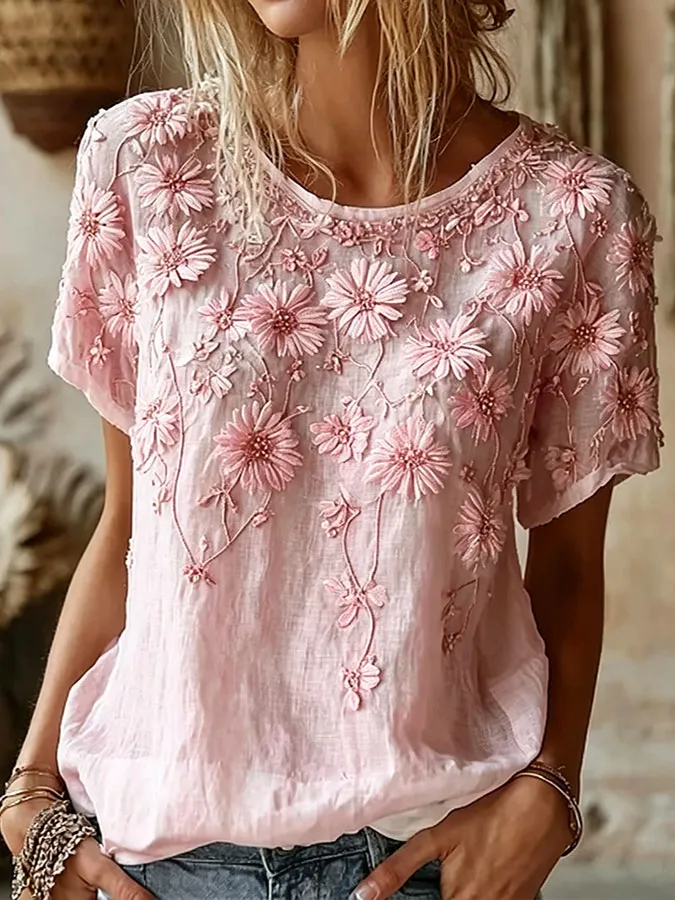 Women'S Floral Print Fresh Round Neck Top