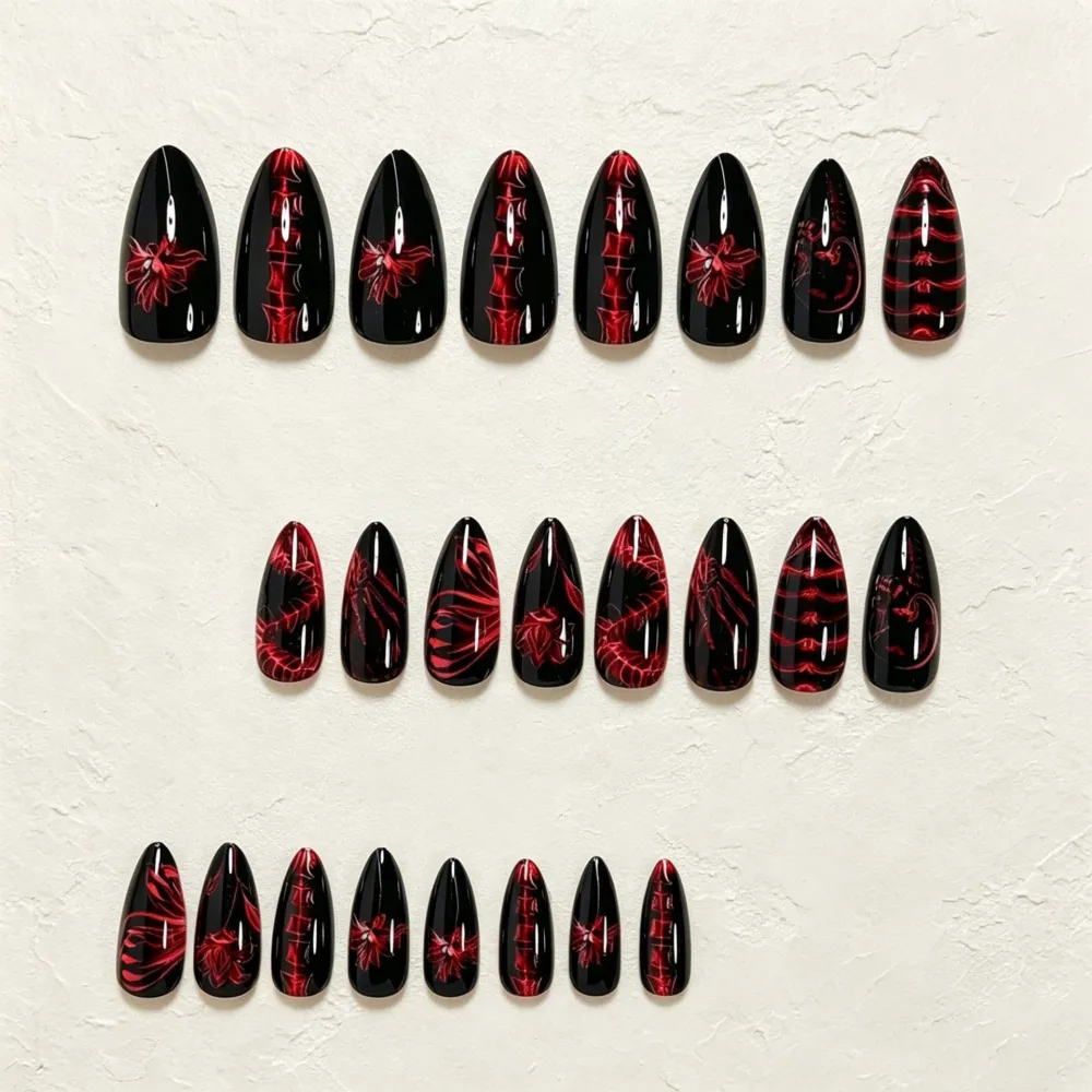 Nailhour 24Pcs Red Halloween Medium Almond Luminous Ghost Press On Nails