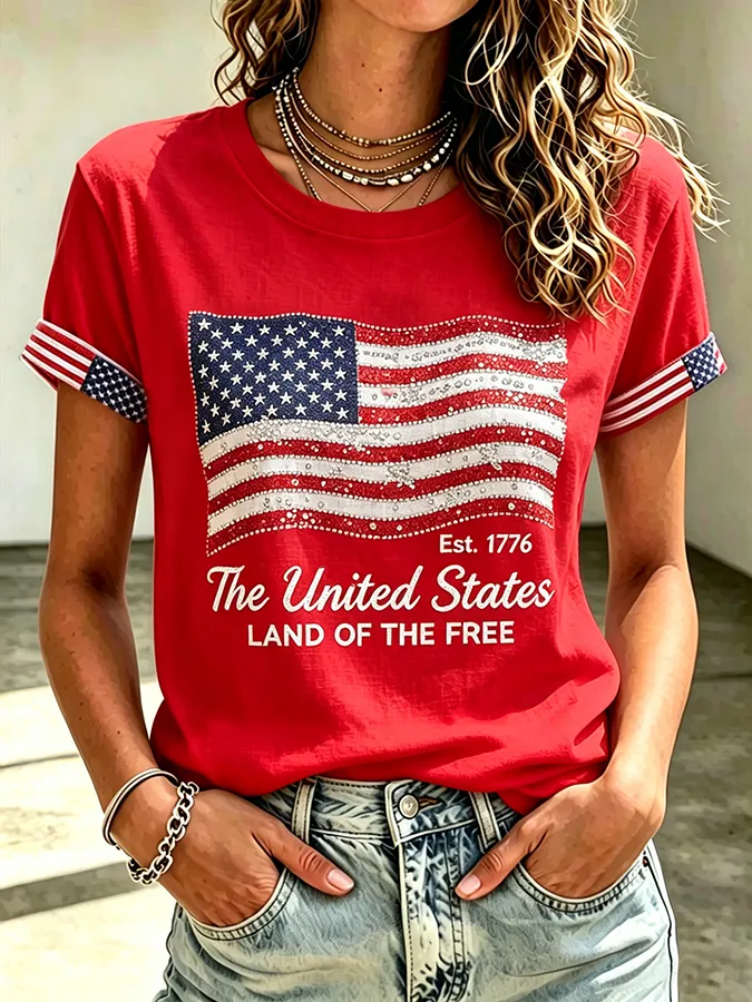 Ladies' Casual American 250Th Anniversary Commemorative Glitter Printed Round Neck Short Sleeved T-Shirt