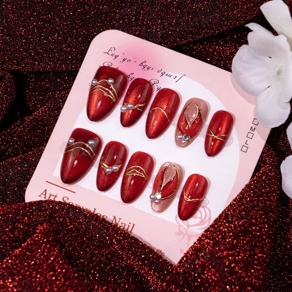 Nailhour 30Pcs Red 3D Wings Medium Almond French Press On Nails