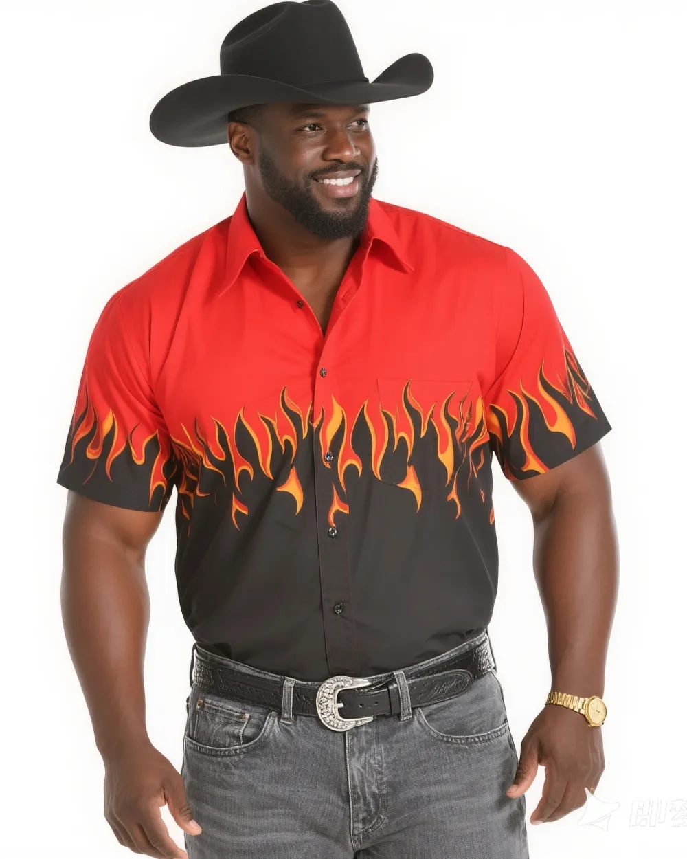 Big & Tall Men'S Western Flame Black & Red Short Sleeve Shirt