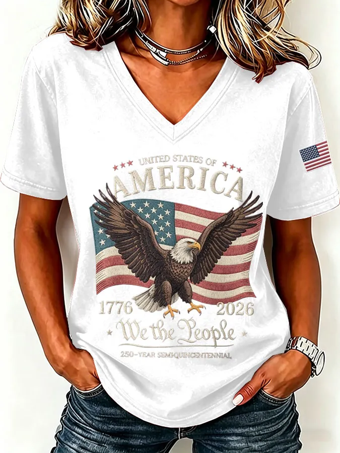 Women'S America Flag Print Casual V-Neck T-Shirt