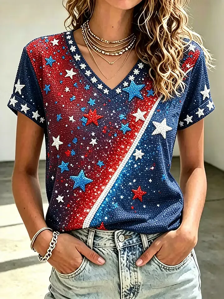 Ladies' Casual 250Th Anniversary Sparkling Print V-Neck T-Shirt From The United States