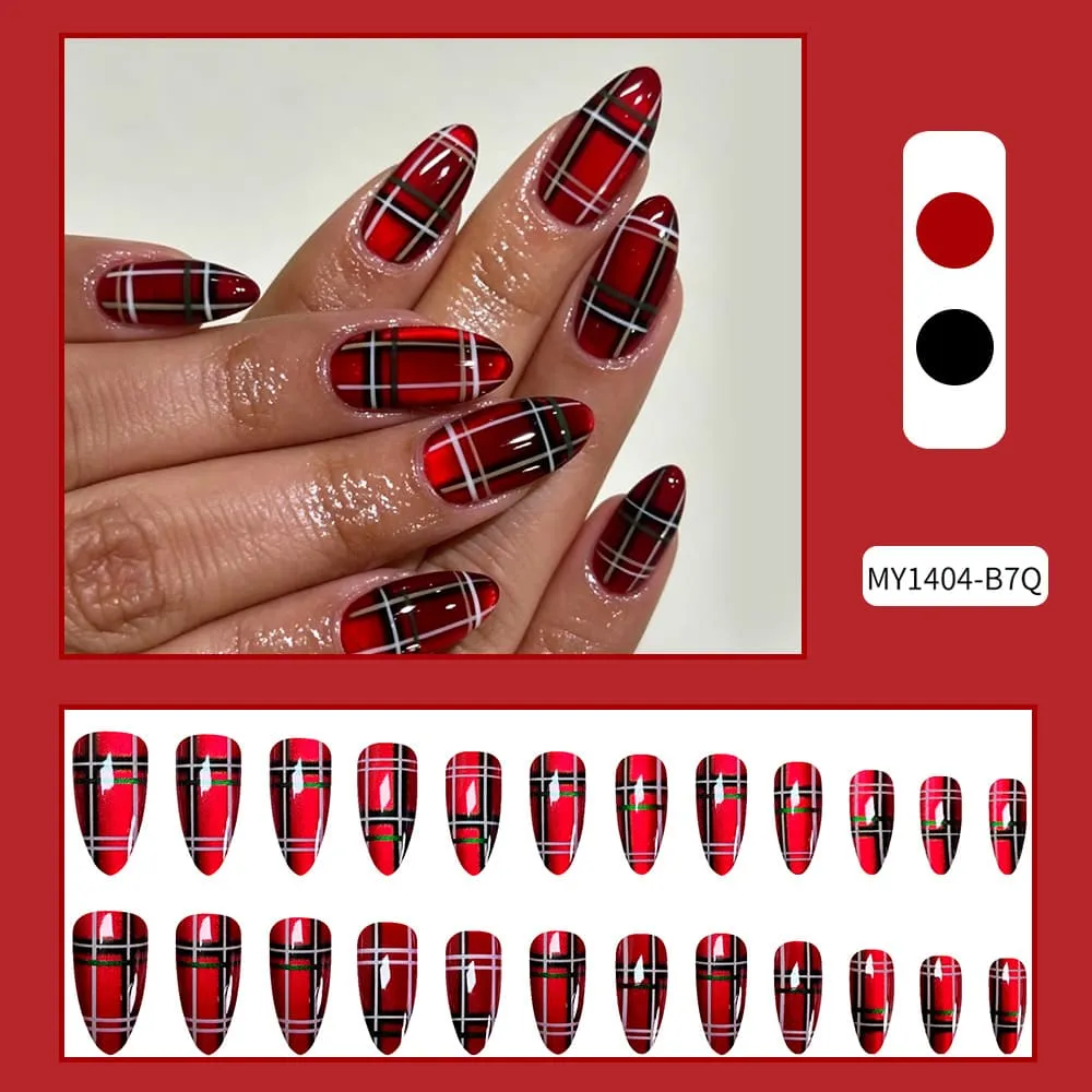 Nailhour 24Pcs Christmas Red Medium Almond French Press On Nails