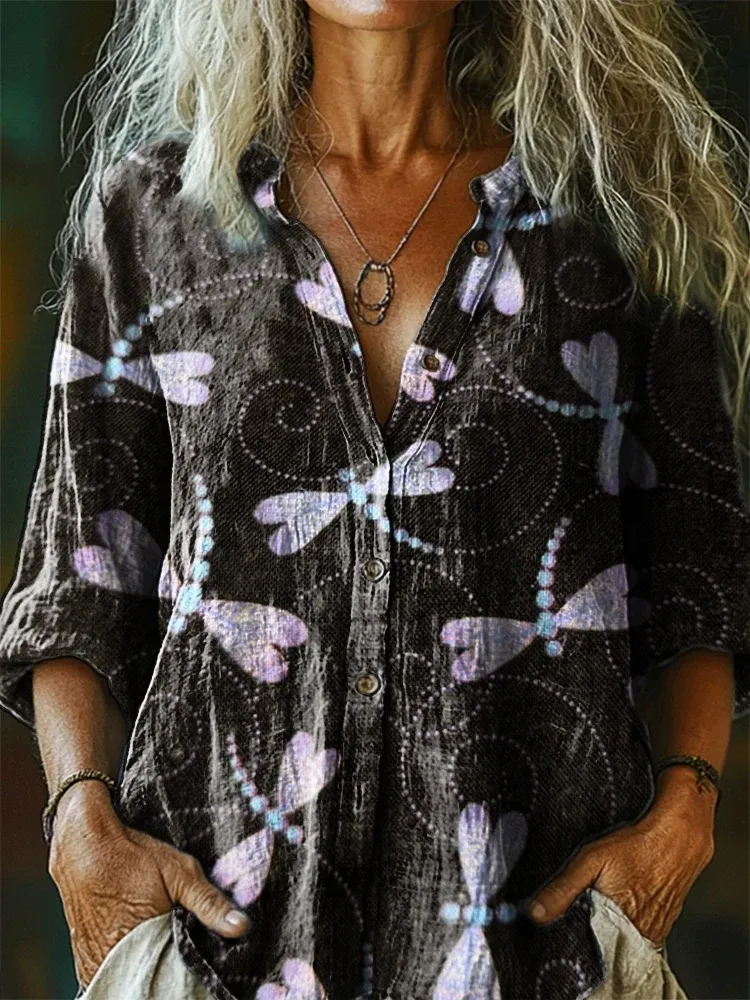 Women's Bohemian Dragonfly Art Print Casual Shirt
