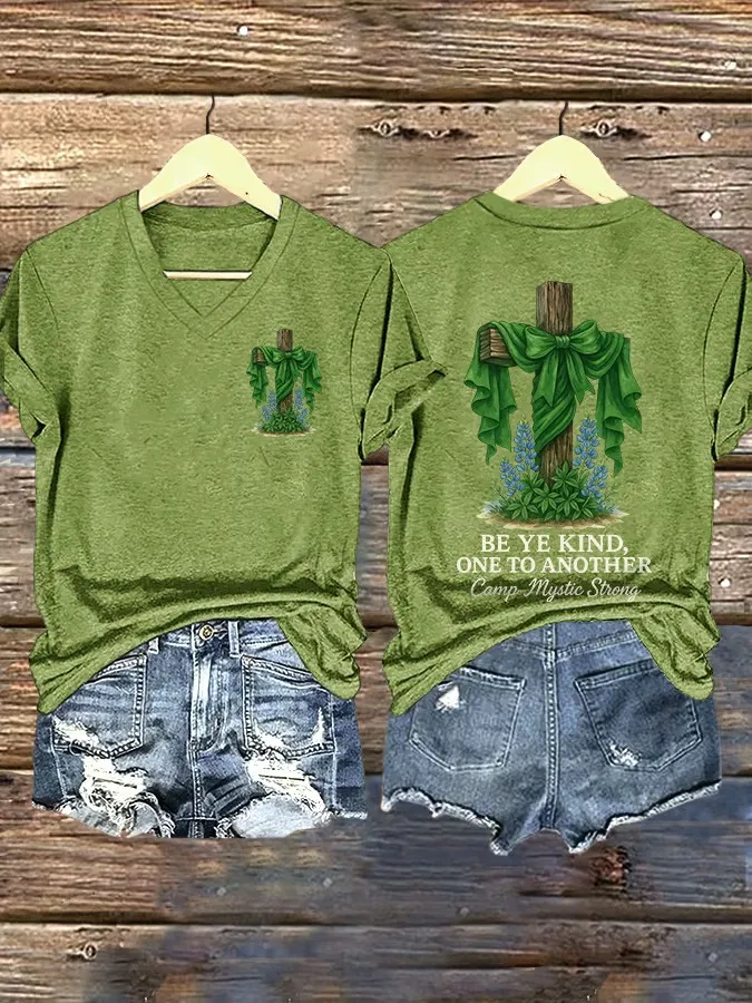 V Neck Retro Texas Strong Cross Print T-Shirt