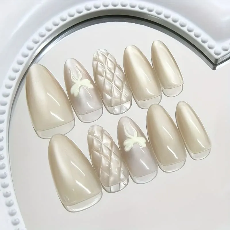 Nailhour 10Pcs 3D French Nude Cat Eye Short Almond Press On Nails